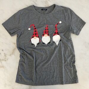 SHE SHOW Womens Gray Gnome Print T Shirt Holiday Christmas Casual‎ Top Medium